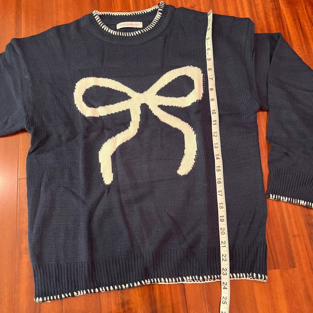 Blue White Bow Sweater Navy Miss Sparkling‎ Knit Crew Long Sleeve New Size Small - Picture 6 of 8